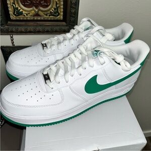 Nike Men's White and Green Air Force 1 Sneakers